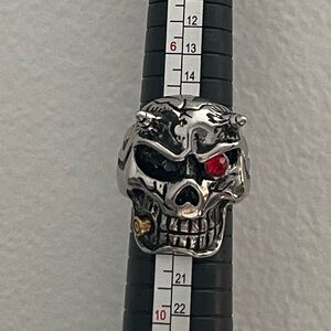 Men's Silver Skull Ring with Red and Gold Details